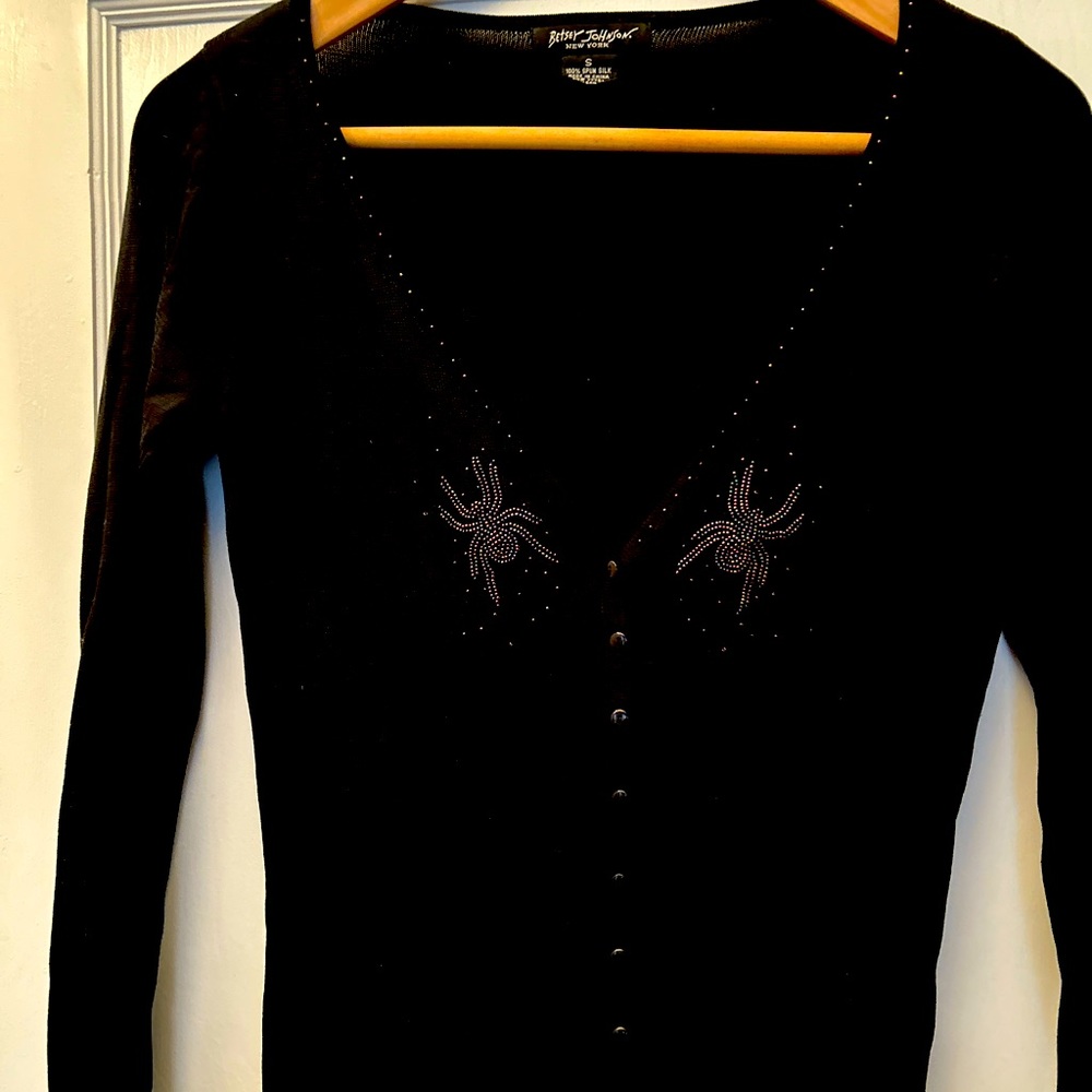 Betsey Johnson Y2K original black cardigan with Spider Beaded detail sz S, Black